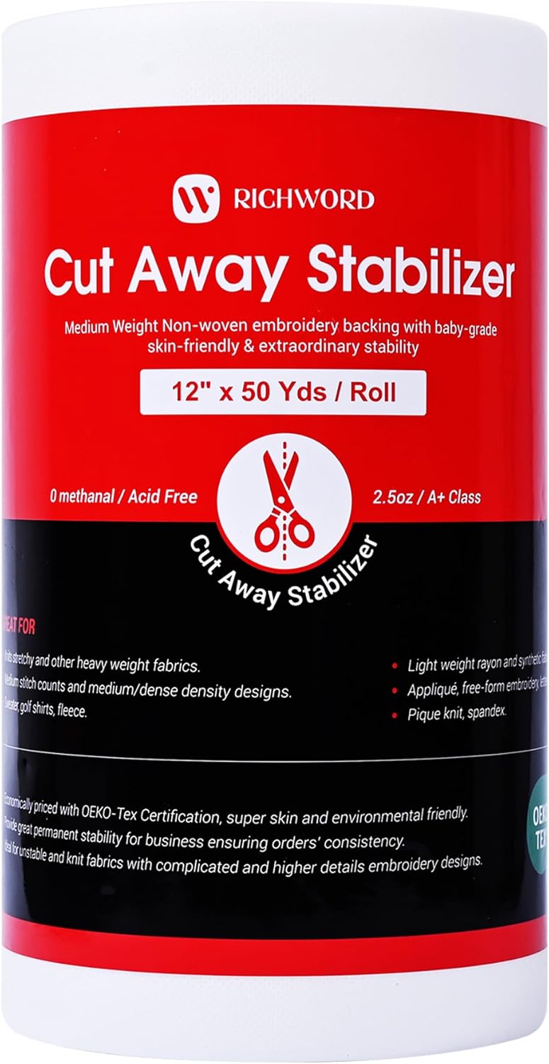 Poolin Richword Selected Cut Away Embroidery Stabilizer for Knits, 2.5 oz Medium Weight — Anti-Pucker Permanent Backing, 12" x 50 Yds Roll for Hoodies, Fleece & Babywear - Image 1